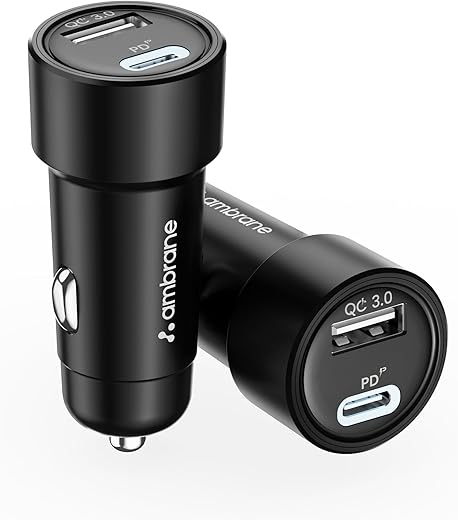 Ambrane 51W Fast Charging Car Charger, Dual Output 33W Type C PD + 18W USB Car Adapter, Quick Charge Car Plug for iPhone, Android, Tablets &amp; More, High-Speed Compact Car Power Charger (Black, C51)