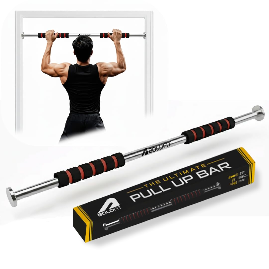 Boldfit Pull Up Bars For Home Workout Chin Up Bar Gym Accessories for Men Door Way Adjustable Hanging Rod (62-100cm) Anti-skid Grip Strength Training Exercise Bar Pullup Bar Black Red 100Kg Max Weight