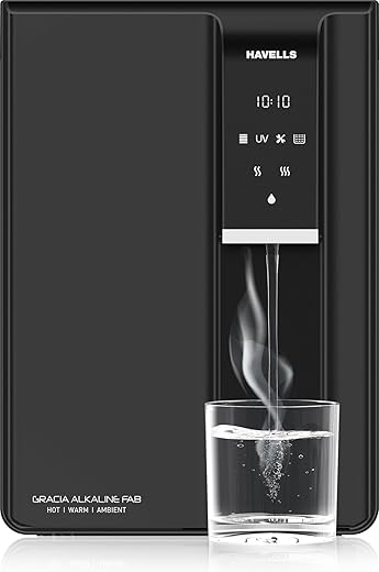 Havells Gracia FAB Alkaline Water Purifier (Black), RO+UV+Alkaline, Hot, Warm &amp; Ambient Water, Copper+Zinc+Minerals, 9 Stage Purification, 6.5L SS Tank, Suitable for Borewell, Tanker &amp; Municipal Water