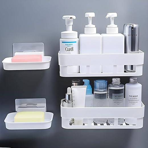 HOUSE OF VIPA Plastic Bathroom Shelf for Wall,Self-Adhesive Organiser with Towel Holder,Ideal Bathroom Accessories for Efficient Space Utilisation(2 Bathroom Shelves,2 Shop Dish(White) 4 Pack)