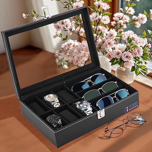 Kuber Industries Premium Faux Leather See Through 6+3 Slots Wrist Watch Organiser Box for Men &amp; Women | Sunglasses Storage Organizer | Watch Collection Box/Case/Holder | Black