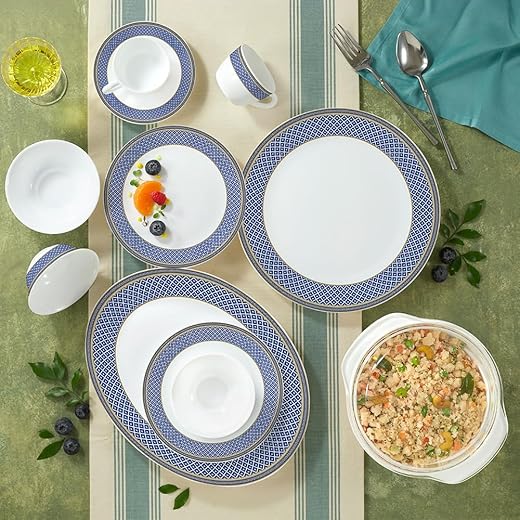 Larah by Borosil Emerald Weave Opalware Dinner Set | 61 Pcs for Family of 8 | Microwave &amp; Dishwasher Safe | Bone-Ash Free | Crockery Set for Dining &amp; Gifting | Plates &amp; Bowls