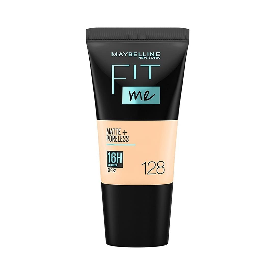 Maybelline New York Liquid Foundation, Matte &amp; Poreless, Full Coverage Blendable Normal to Oily Skin, Fit Me, 128 Warm Nude, 18 ml
