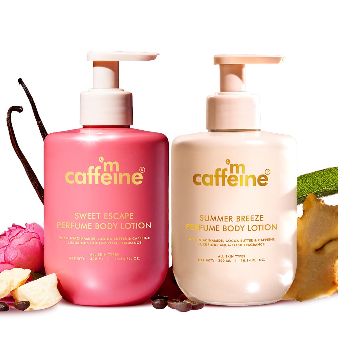 mCaffeine Perfume Body Lotion Combo - Sweet Escape &amp; Summer Breeze | Niacinamide, Cocoa &amp; Shea Butter | Deep Moisturization for Winter Dry Skin| Lightweight, Non-Sticky Daily Use Bodylotion| Fruity &amp; Aqua Scent - 300ml x 2