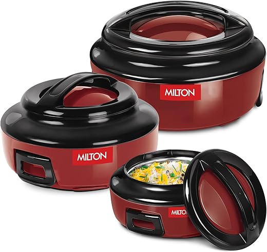 Milton Ernesto Inner Stainless Steel Jr. Casserole Set of 3 (390ml, 750 ml, 1335 ml), Red | Easy to Carry | Serving | Stackable