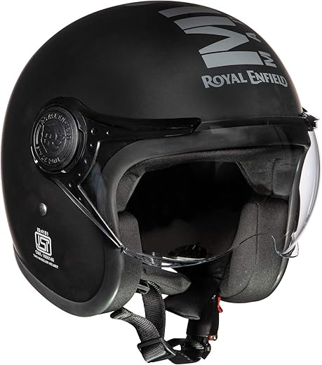Royal Enfield Open Face MLG Helmet |Made Like a Gun | with Clear Visor | Impact Protection | High Density EPS | ISI and DOT Certified | Micrometric Lock MATT Black (L) 60 CM