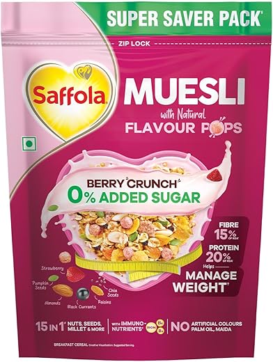 Saffola Muesli 0% Added Sugar Berry Crunch 700 gm | High Protein &amp; High Fibre to help Manage Weight | Muesli with Flavour Pops