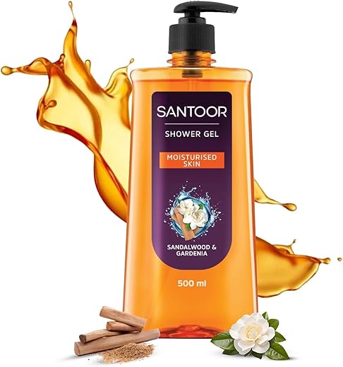 Santoor Moisturizing Shower Gel With Natural Sandalwood &amp; Gardenia Extracts| For Men &amp; Women| Moisturizing Body Wash With Glycerin | Suitable For All Skin Types| No Parabens| No Silicones| 500ml