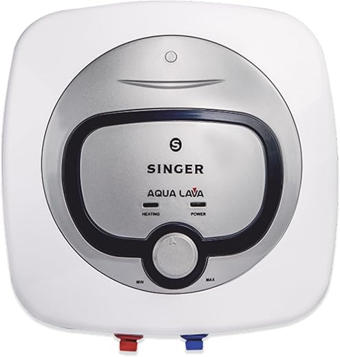 SINGER Aqua Lava 15 L Glass Line Storage Water Heater (Geyser) | With Free Inlet &amp; Outlet Pipe | 5 Star Energy Saving | 2000W Heating | 8 Bar Pressure | 5-Level Safety | ISI Certified | White &amp; Silver