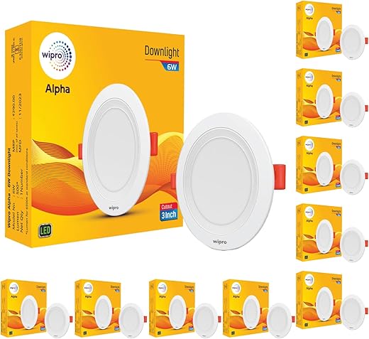 wipro Acrylonitrile Butadiene Styrene 6W Alpha Downlight for Junction Box | Blue |3 inch Cutout, 22mm Height| Surge Protection Upto 350 VA | High Voltage Protection Upto 4KV | Pack of 10