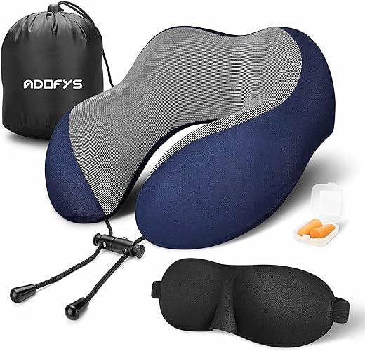 Adofys Travel Pillow Premium Memory Foam, Comfortable &amp; Supportive Neck Pillow, Pain Relief Sleeping Neck Pillows for Travel, Airplane Pillow for Sleeping Airplane, Car, Office and Home (Blue)
