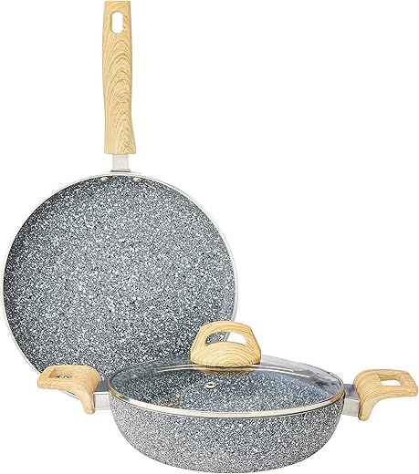 Amazon Basics Granite Finish Non Stick 2 Pcs Induction Base Cookware Set-Granito Grey (24 cm Kadai, 28cm Tawa)