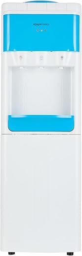 Amazon Basics Hot and Cold Floor Standing Water Dispenser - Top Loading, 20 litres | White &amp; Blue | Compact Design with Hot, Cold and Normal Temperature Settings