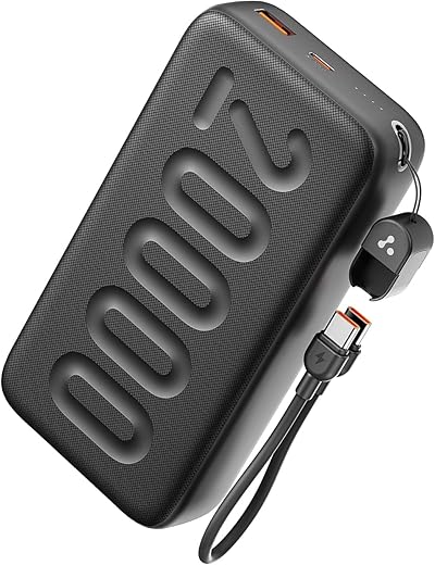 Ambrane 20000mAh Powerbank with in-Build Type C Cable, 22.5W Fast Charging, USB &amp; Type C Output, Power Delivery, Quick Charge for iPhone, Android Mobile &amp; Tablets, Earbuds, (Stylo N20, Black)