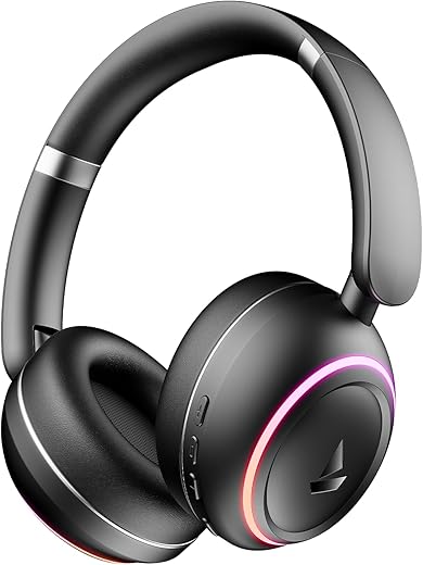 boAt Rockerz 480, RGB LEDs,6 Light Modes, 40mm Drivers,Beast Mode, 60H Battery, ENx Tech, Stream Ad Free Music via App Support, Bluetooth Headphones, Wireless Over Ear Headphone with Mic (Black Sabre)