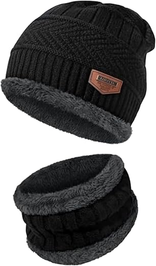 Fitness Mantra® Sports Winters Cap &amp; Muffler for Men &amp; Women| Beanie Cap| 1 Set| (Black)