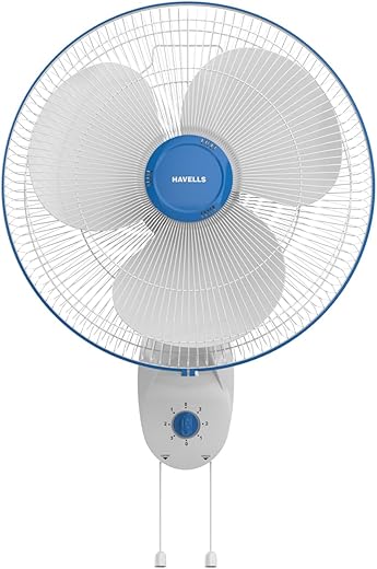 Havells Gatik Pro 400mm Wall Mount Fan | RPM: 1350 | Double string for Speed &amp; Oscillation control | Thermal Overloaded Protected Motor | 100% Copper Wire Winding Motor | 2 Year Warranty (White Blue)