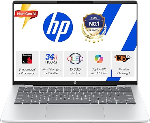 HP OmniBook 5 OLED (Previously Pavilion), Snapdragon X Processor (16GB LPDDR5x, 1TB SSD) 2K, 14''/35.6cm, Win11, M365 Basic(1yr)* Office24, Silver, 1.35kg, he0015QU, Light-Weight, Next-Gen AI Laptop