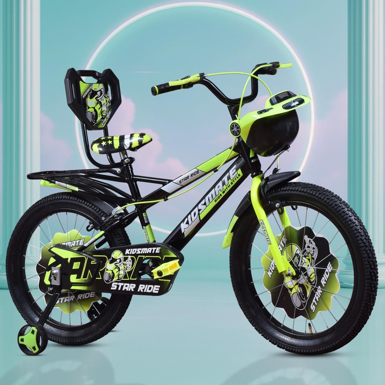 Kidsmate Star Ride 20T Kids Bicycle with Training Wheels | Cycle for Kids Featuring Front Basket, Adjustable Seat &amp; Strong Steel Frame | Perfect First Ride Kids Cycle for 7-10 Years - Neon Green