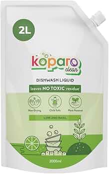 Koparo Organic Dishwash Liquid | 2 Litres | Lime And Basil Fragrance | Natural, Plant Based &amp; Eco-Friendly | Removes Tough Grease, Soft on Hands | Baby &amp; Pet Safe