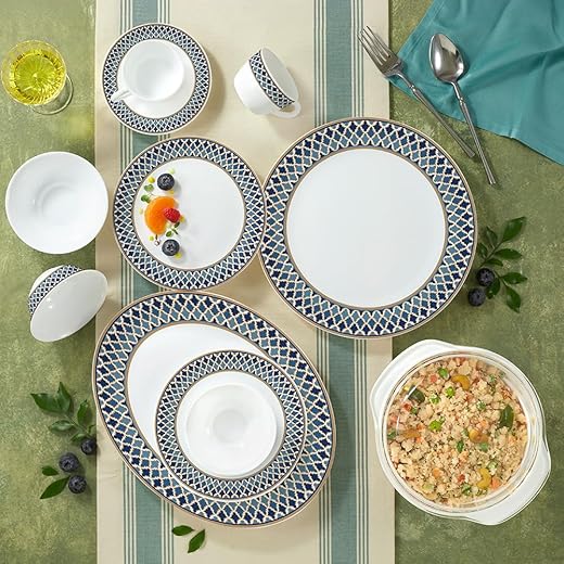 Larah by Borosil Sapphire Crest Opalware Dinner Set | 61 Pcs for Family of 8 | Microwave &amp; Dishwasher Safe | Bone-Ash Free | Crockery Set for Dining &amp; Gifting | Plates &amp; Bowls