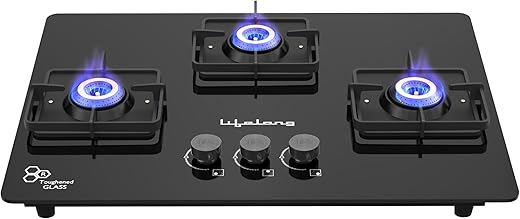 Lifelong 3 Gas Burner Top - 3 Burners Hob Top Gas Stove with Automatic Ignition - Toughened Glass top Gas Stoves for Home &amp; Kitchen - Automatic Gas Stove for Modern/Modular Kitchen (LLHT923)Open,Black