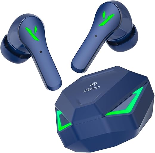 pTron Bassbuds Rogue W/ 40Ms Low-Latency Gaming,Clear Calls,50Hrs Playtime,Pristine Sound,V5.3 Bluetooth in Ear Headphones,Snug-Fit,RGB Lights,Touch Control,Voice Assist,IPX5 Water Resistant(Blue)