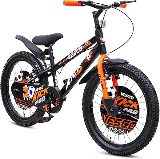 VESCO Kick Pro 20 Inch 20T Kids Bicycle 12.5" Frame, Rigid Fork | 85% Assembled | Fully Chain Cover | Age for 7 to 9 Year Boys &amp; Girls (Black-Orange)