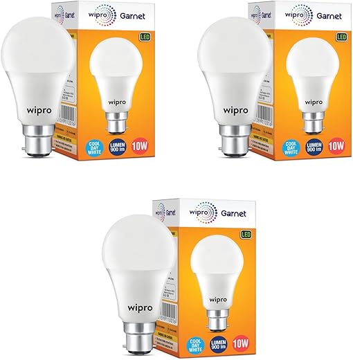 wipro Garnet 10W LED Bulb for Home &amp; Office |Cool Day White (6500K) | B22 Base|220 degree Light coverage |4Kv Surge Protection |400V High Voltage Protection |Energy Efficient | Pack of 3