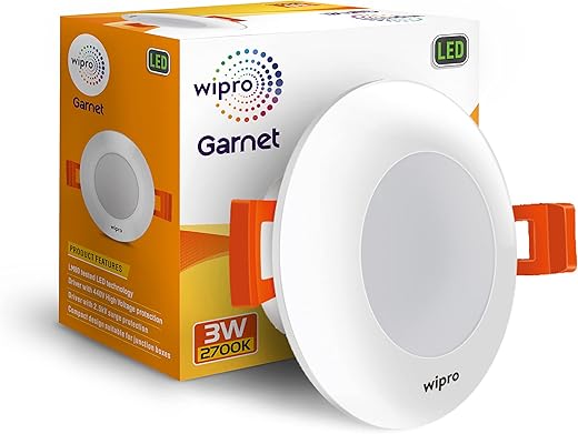 wipro Garnet 3W Led Mini Downlight for Home &amp; Cabinet| Warm White (2700K) | Compact Design with 120° Beam Angle | Recessed Down Light for False Ceiling | Cutout-2.3 Inch | Pack of 1