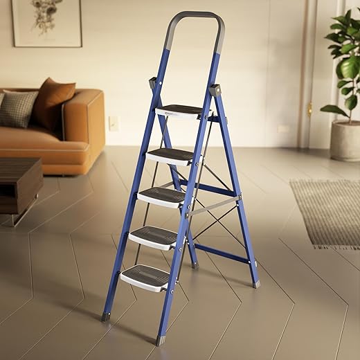 amazon basics Super Clamber - Non-Trip and Flat-Foldable Step Ladder, with Anti-Skid Steps, 5 Steps (Steel, Blue &amp; White)