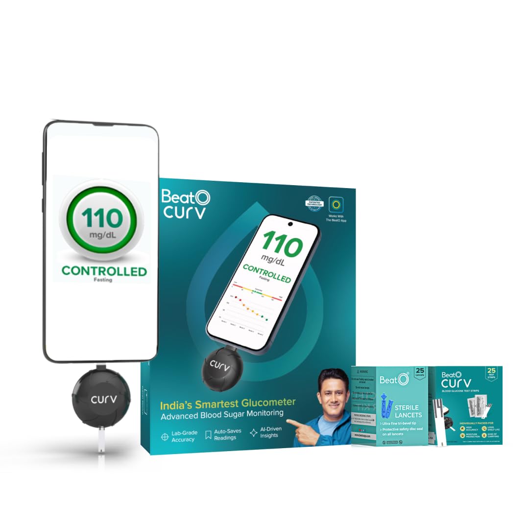 BeatO CURV Smartphone Connected Glucometer | Free 25 Glucometer Strips &amp; 25 Glucometer Lancets | Sugar Testing Machine | Type-C USB Connector | Simple &amp; Accurate Glucometer for Home | ISO Certified: Made in India