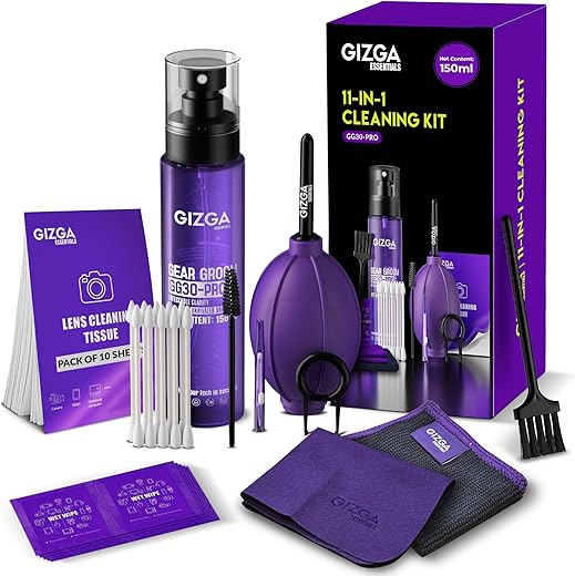 Gizga Pro Series 11-in-1 Cleaning KIT - 150ml Cleaning Spray, Air Blower, 50-Lens Tissues, Swabs &amp; Wipes, Brushes, Key Puller, Microfiber Cloths &amp; More