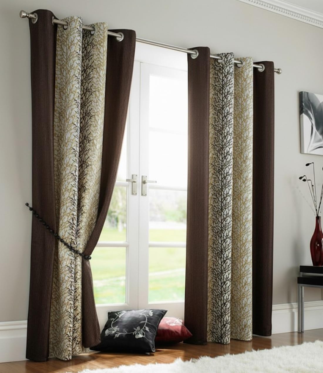 Home Sizzler Abstract 2 Piece Eyelet Polyester Long Door Curtain Set - 9ft, Brown