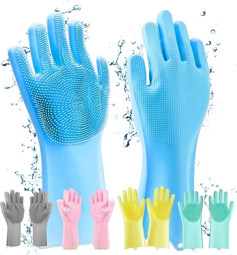 Magic Silicone Dishwashing Gloves Heat-Resistant Reusable Scrubbing Gloves Kitchen Cleaning, Dishwashing Pet Grooming Car Wash &amp; Bathroom Built-In Scrubber Bristles – Multicolor (1 Pair)