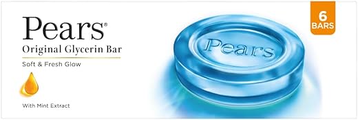 Pears Original Glycerin Soap Bar - Soft &amp; Fresh Glow | With 98% Pure Glycerin &amp; Mint Extract | For a Fresh Glow | With Plant Based Cleanser for Skin &amp; Body | Paraben-free | 125 gms x 6