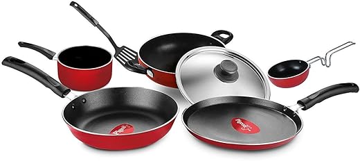 Pigeon Favourite 7 Piece Gift Set Non-Stick Coated Comes with Fry Pan, Kadhai, Lid, Sauce Pan, Spatula, Tadka Pan and a Tawa - Gas Stove Compatible (Red)