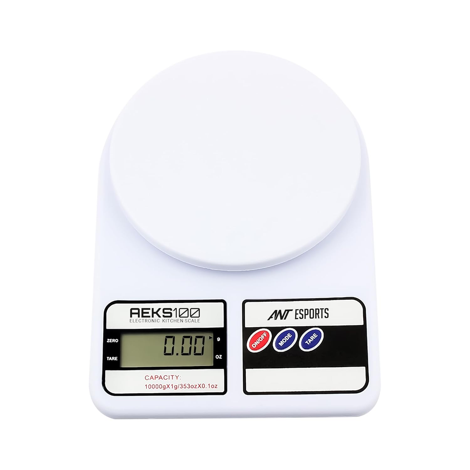 Ant Esports AEKS100 Kitchen Weighing Machine/Food Scale for Health, Fitness, Shop,Home Baking &amp; Cooking with Large LCD Display,Tare Function, OverLoad Indicator, Weigh Up to 10Kgs, 30 Months Warranty