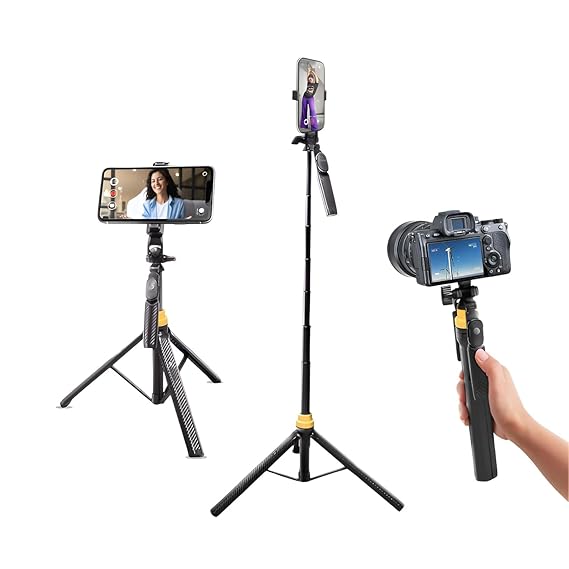 DIGITEK® (DTR-555 SS) 5.57ft Foldable Tripod Selfie Stick for Smartphones & Gopro Action Cameras, 360° Rotation, 3-Leg Base, 2Kg Load, 10m Wireless Remote, 7 Section Adjustable, for Selfie & Vloggers