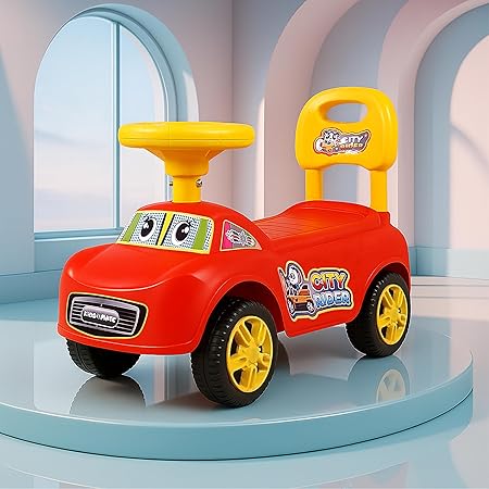 Kidsmate City Rider Baby Ride-On Push Car for Kids | Fun &amp; Safe Ride Baby Car with Steering Wheel &amp; Comfortable Backrest |Perfect for Indoor &amp; Outdoor Fun for Toddlers 1.5+ Years - Red/Yellow