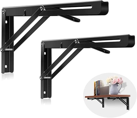 L Angle Bracket 40cm Heavy Duty Foldable Wall Mounted Shelf Bracket Set with Release Arm Mechanism – Black Metal Support Brackets for Wooden Board (8 Inch)