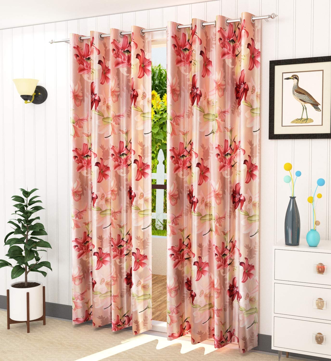 LaVichitra 2 Piece Premium Eyelet Long Door Curtains - 9 ft, Floral, Maroon