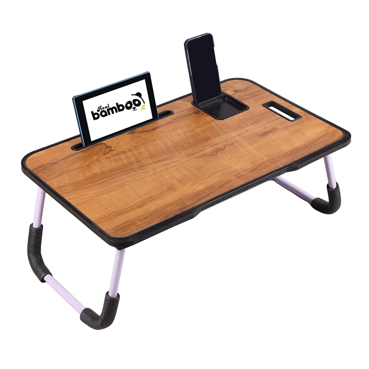 Real Bamboo Wood Smart Multipurpose Foldable Laptop Table with Cup Holder, Study Table, Bed Table, Breakfast Table, Portable,Ergonomic &amp; Rounded Edges/Non-Slip Legs (Wood)