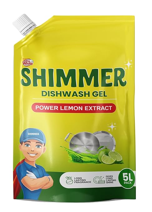 Shimmer Dishwash Gel – 5L Family Pack | Powerful Lemon Action for Tough Grease | Long-Lasting Fragrance | Safe on Hands | Value Refill Pack | Dishwasher Safe