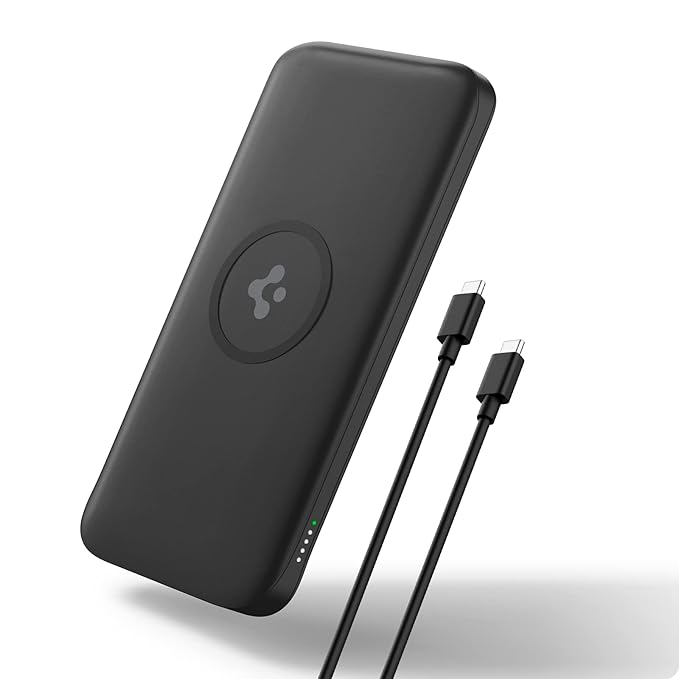 Spigen 2 in1 10000 mAh Wireless Charging Power Bank with USB-A | USB-C 20W Fast Charging, Included Type-C to C Cable, Lithium Polymer - Black