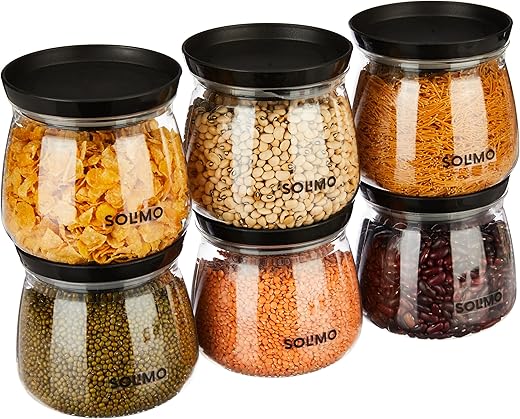 Amazon Brand - Solimo Plastic Storage Jar and Container Set I Air Tight &amp; BPA Free Containers for Kitchen Storage Set I Grocery Kitchen Container Set I Multipurpose Jar,800 Ml Each, Set 6, Black