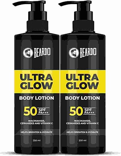 Beardo Ultraglow Body Lotion for Men's Skin | Intense Hydration for Winter | Ultra-light Weight &amp; Instant Absorption| Heals &amp; Repairs Skin | 250ml x 2