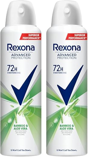 Rexona Advanced Protection Bamboo &amp; Aloe Vera with MotionSense | 0% Alcohol | 72H Non Stop Protection | For Women | 200 ML (Pack of 2)