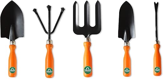 TrustBasket Gardening Tools Kit for Home 5-Piece Garden Tools for Home Gardening Set Including Big &amp; Small Trowel, Cultivator, Weeder &amp; Garden Fork Durable Agriculture Tools &amp; Gardening Items Combo
