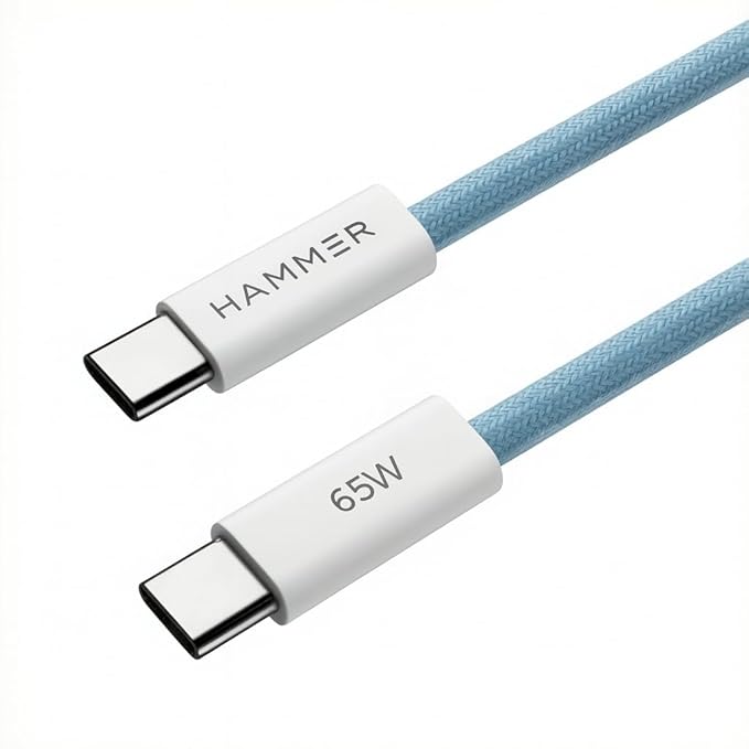 HAMMER Type C to Type C Cable 65W Braided, PD Fast Charging, Data Sync, 1.5 Meter Tangle Free